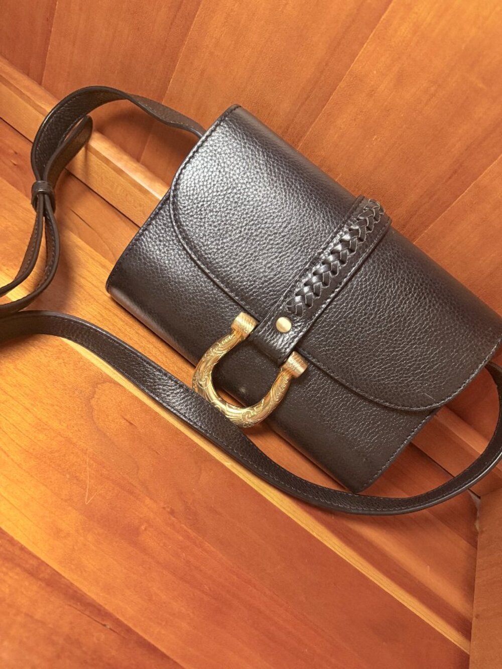 SANCIA Maela Black Leather Horseshoe Buckle Crossbody Bag